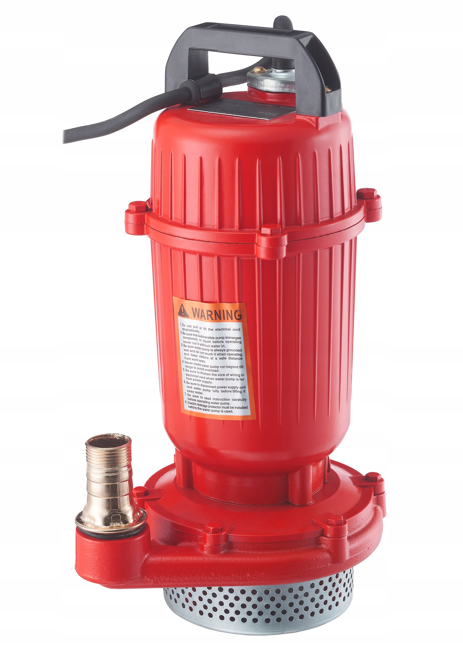 Pompa zanurzeniowa, przeznaczona do pompowania wody, w tym wody brudnej. Urządzenie koloru czerwonego, z czarną rączką i kablem zasilającym oraz metalowymi elementami przy wylocie - ujęcie nr 4